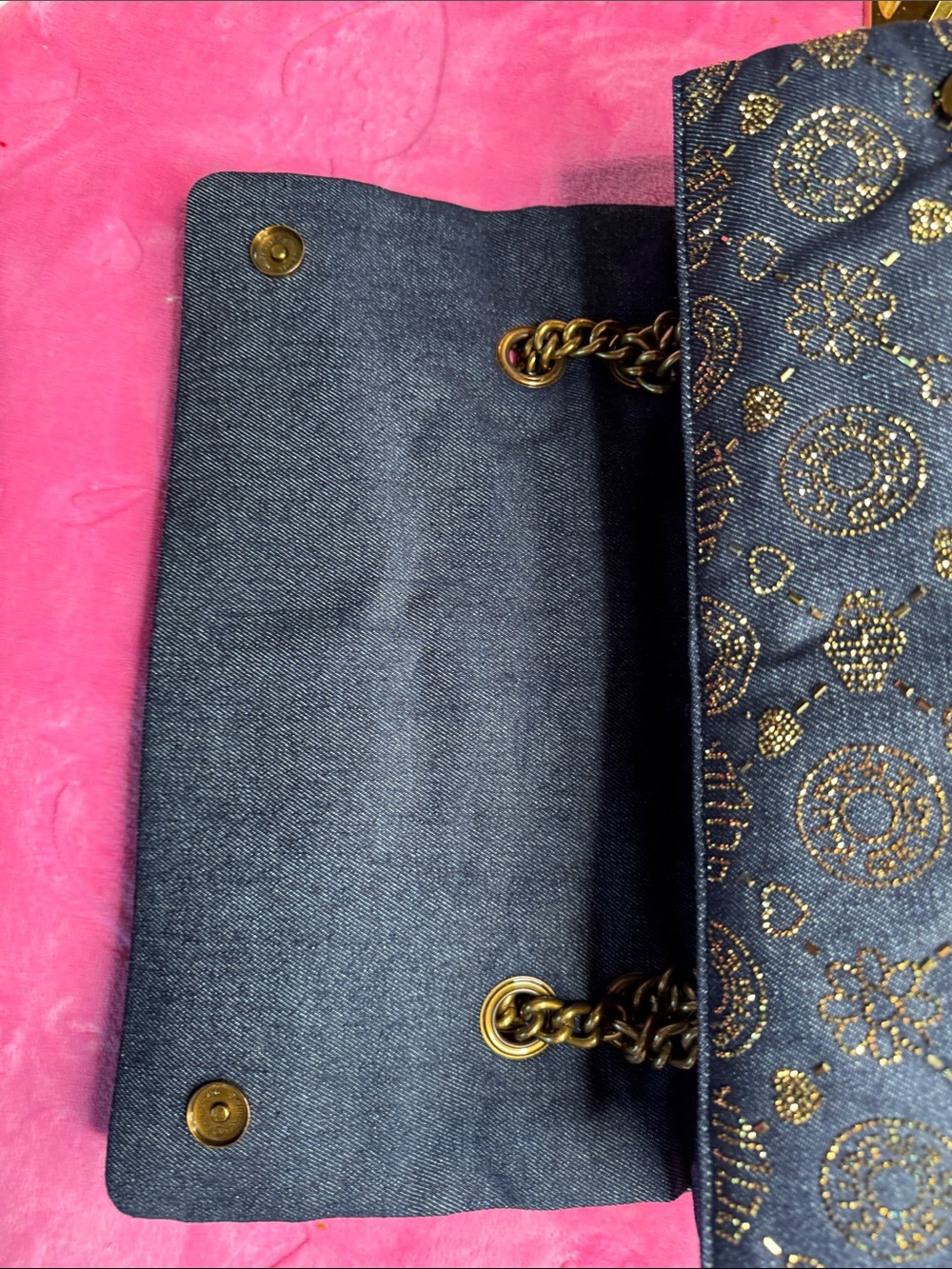 Kurt Geiger Rare XXL Battersea Denim Sparkle Bag - Dark Gold Chain NWT - Picture 13 of 17